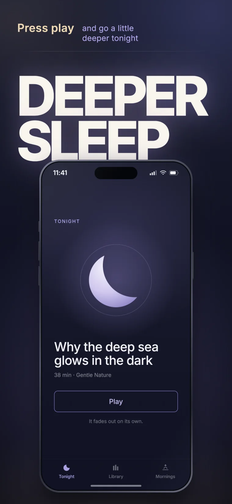 Lullable Tonight screen showing the story Why the deep sea glows in the dark and a Play button.