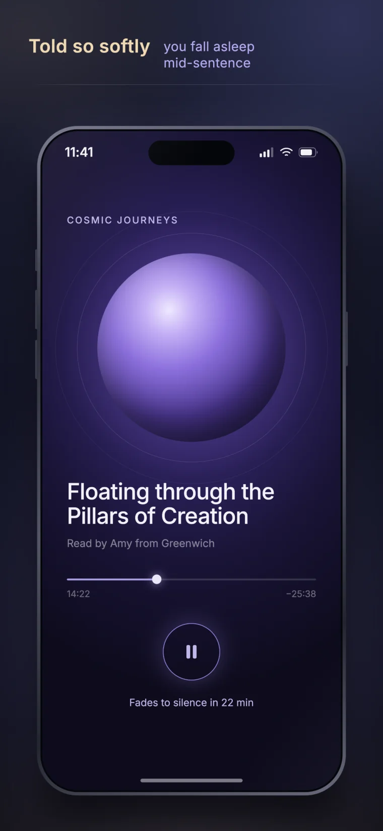 Lullable Now Playing screen for Floating through the Pillars of Creation with playback and fade-out controls.