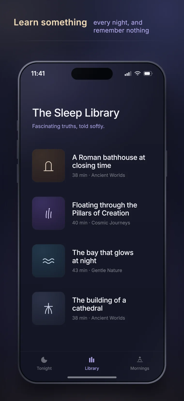 Lullable Sleep Library screen with bedtime stories across Ancient Worlds, Cosmic Journeys, and Gentle Nature.