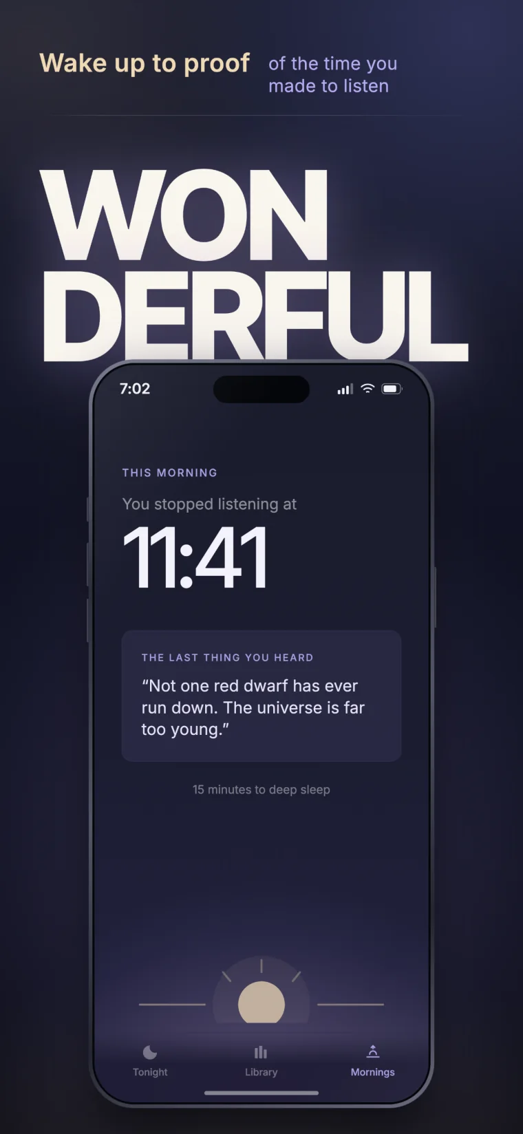 Lullable Morning screen showing when the listener fell asleep and the last sentence heard.