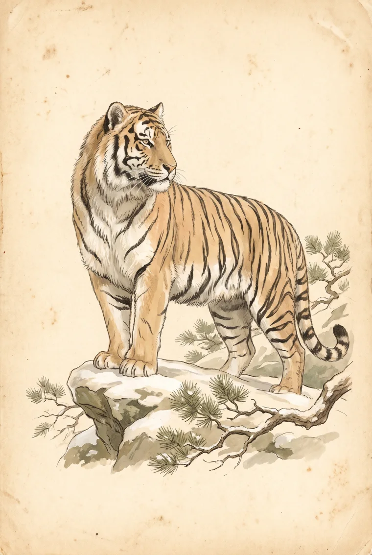 Original watercolor illustration of an Amur tiger standing on a rocky ledge.