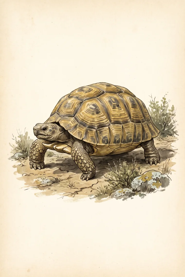 Original watercolor illustration of a ploughshare tortoise in a dry landscape.