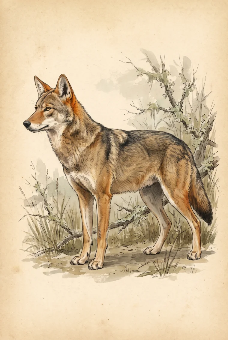 Original watercolor illustration of a red wolf standing among brush.