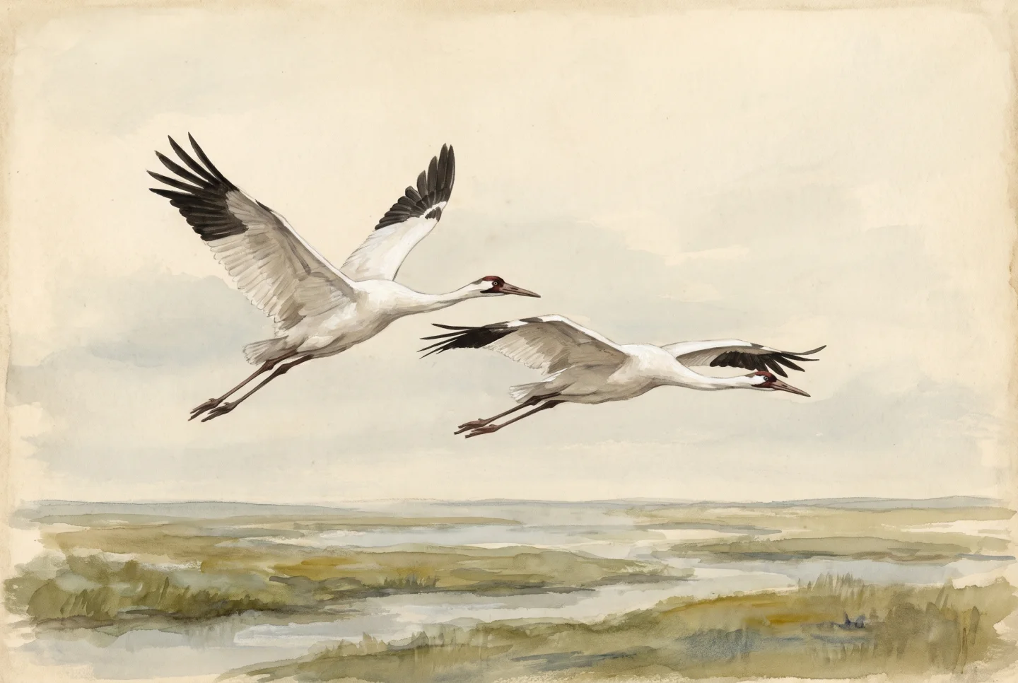 Original watercolor illustration of two whooping cranes flying over wetlands.